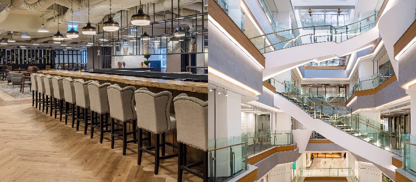 Eaton Club Hong Kong is a coworking space with lifestyle elements and CapitaLand Ascendas Plaza Bridge+ Shanghai is set into a retail mall ecosystem